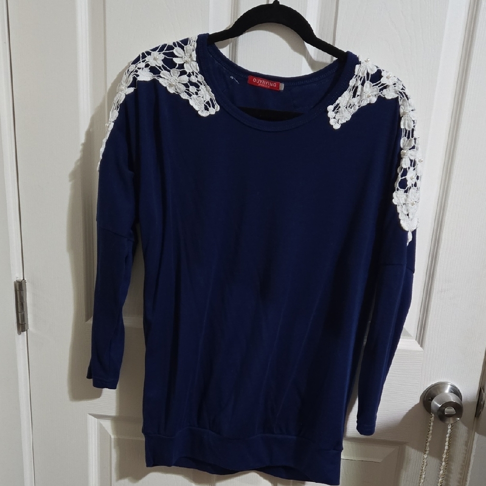Navy Blue Long-sleeve Top With Flower Detailing